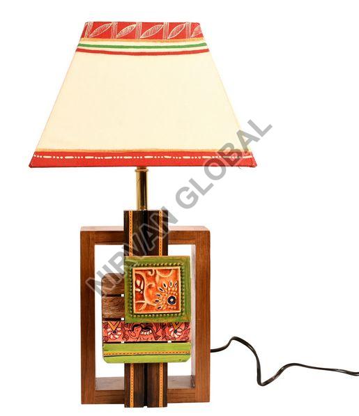 Handcrafted Tribal Motifs White Shade Wood Table Lamp