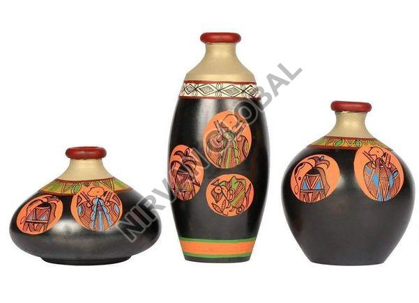 Warli Art Mud Red Earthen Miniature Vases